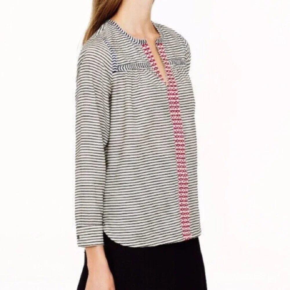 J.Crew Women's Embroidered Boho Black Ivory Striped Loose Fit Blouse - Size 0